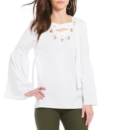 michael michael kors lace-up bell-sleeve top poppy|MICHAEL Kors Tan Lace Up Flared Bell Sleeve Cotton Top.